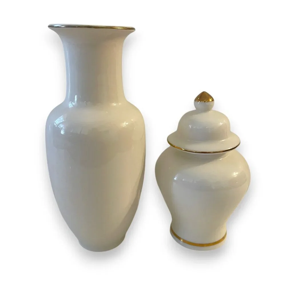 Fine China Vintage Orchid and Butterfly Vase and Ginger Jar Set